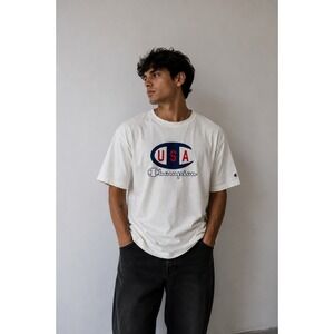 Champion USA Mens Graphic T Shirt Large White Short Sleeve Logo Athletic Tee